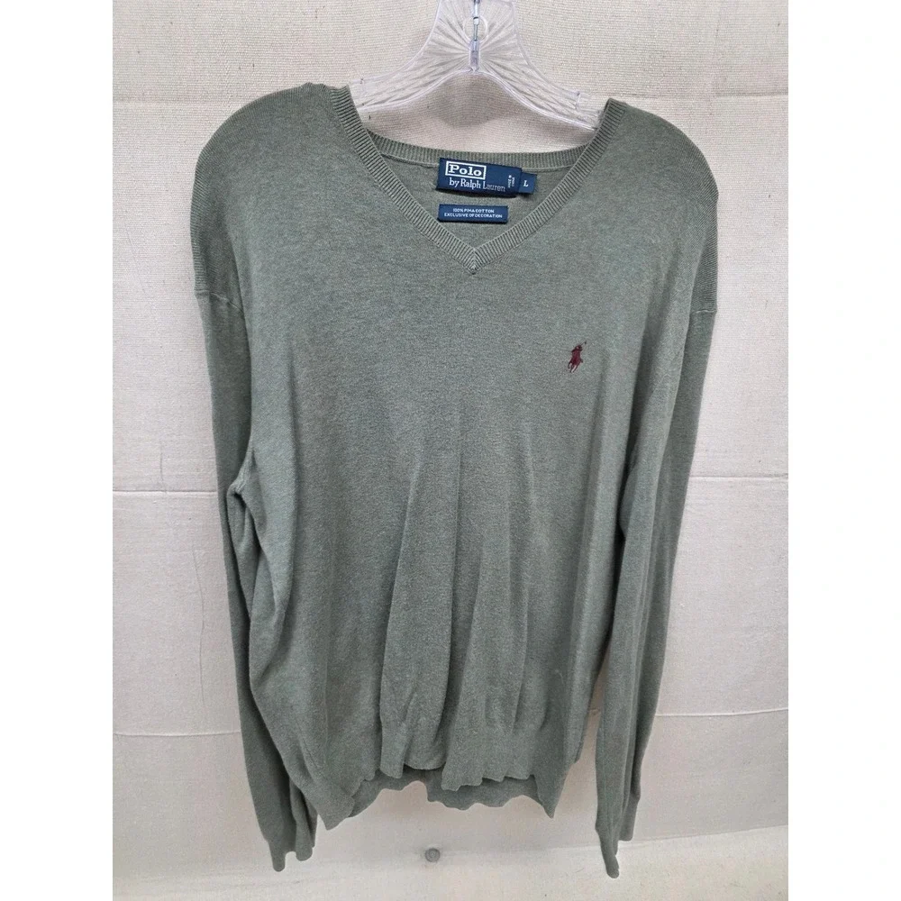 Polo Ralph‎ Lauren Mens V-Neck Sweater Sage Green Pima Cotton Large Pony Logo